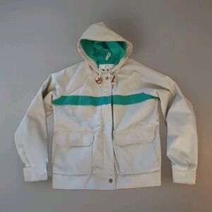 Vintage‎ Woolrich Women's Jacket with Hood Natural and Green Size Medium Crop